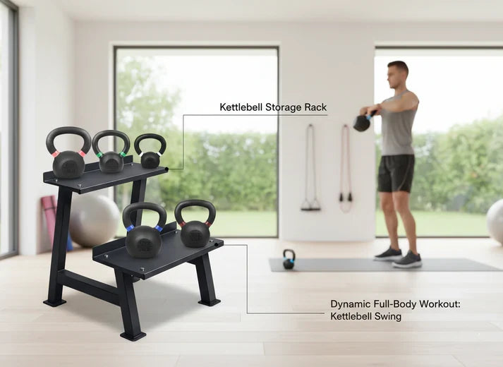 Support de rangement commercial en acier robuste pour kettlebells – Organiseur de gym compact pour kettlebells – Support de poids peu encombrant pour la maison