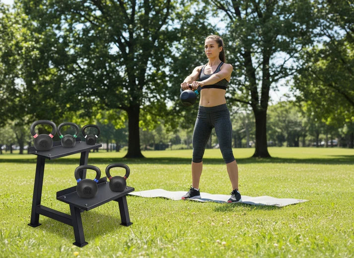Support de rangement commercial en acier robuste pour kettlebells – Organiseur de gym compact pour kettlebells – Support de poids peu encombrant pour la maison
