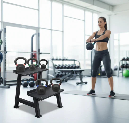 Support de rangement commercial en acier robuste pour kettlebells – Organiseur de gym compact pour kettlebells – Support de poids peu encombrant pour la maison