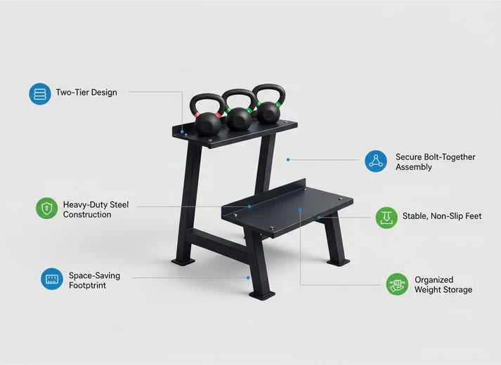 Support de rangement commercial en acier robuste pour kettlebells – Organiseur de gym compact pour kettlebells – Support de poids peu encombrant pour la maison