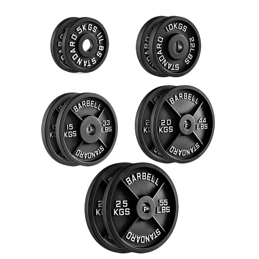 Poids en fonte – Disques olympiques noirs thermolaqués avec inserts en acier | Plaques robustes pour l'entraînement musculaire et la salle de sport à domicile | Ensembles disponibles