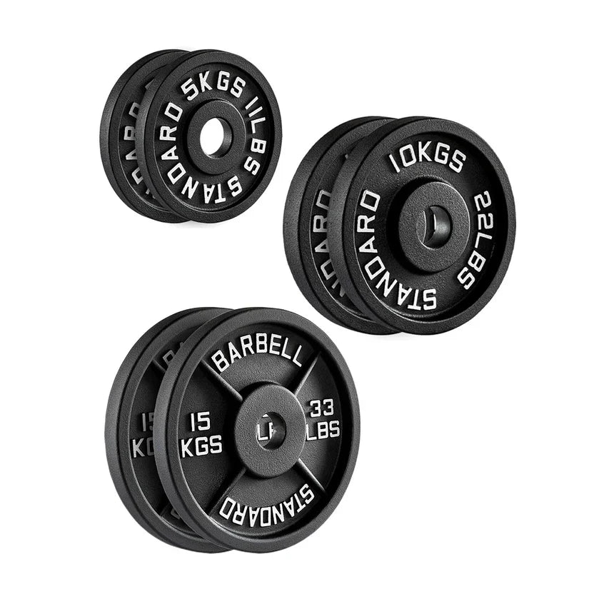Poids en fonte – Disques olympiques noirs thermolaqués avec inserts en acier | Plaques robustes pour l'entraînement musculaire et la salle de sport à domicile | Ensembles disponibles