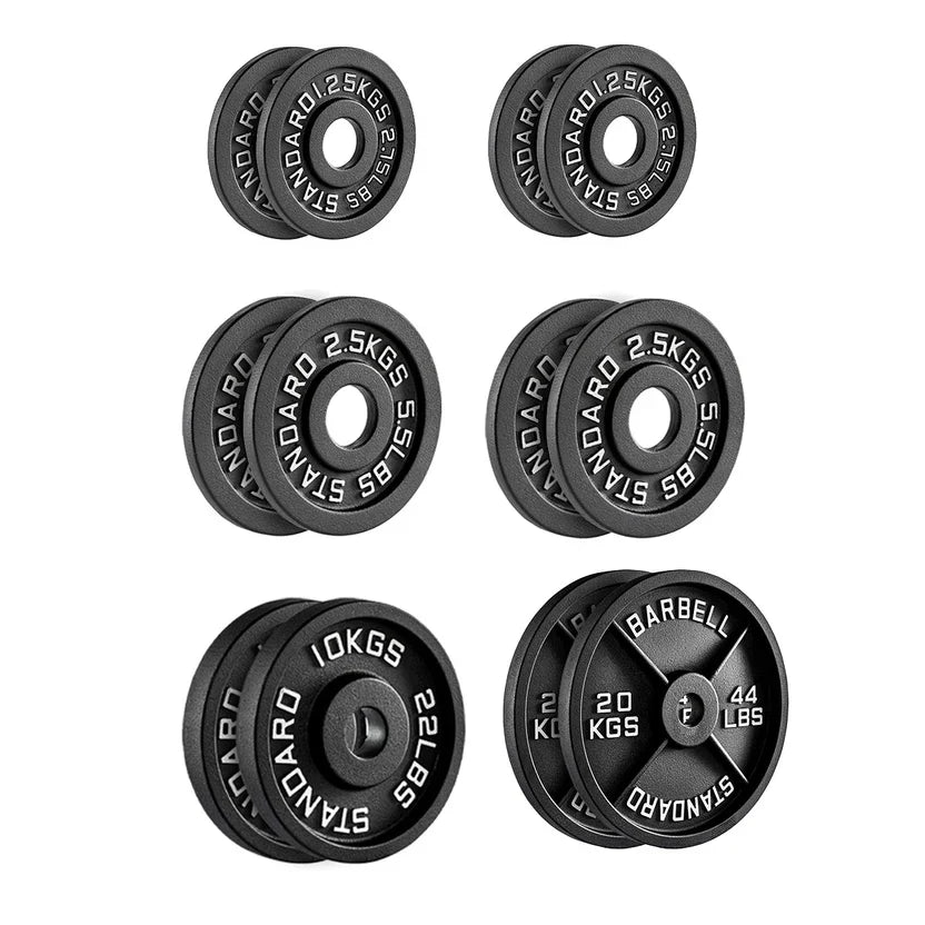 Poids en fonte – Disques olympiques noirs thermolaqués avec inserts en acier | Plaques robustes pour l'entraînement musculaire et la salle de sport à domicile | Ensembles disponibles