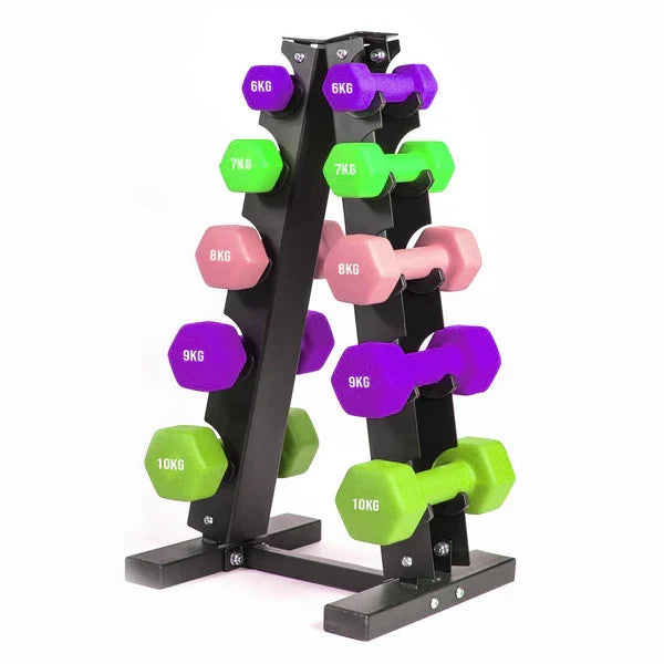 Support de rangement pour haltères en néoprène robuste – Cadre en A en acier solide, rangement compact à 3 ou 5 niveaux pour la maison et la salle de sport
