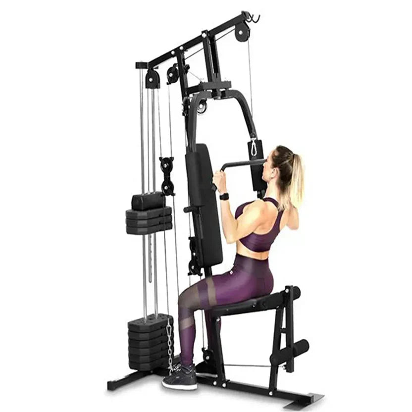 Machine multifonction essentielle - Acier robuste, Station d'entraînement compacte pour tout le corps avec pile de poids de 45 kg/66 kg - Tirage dorsal, développé couché, leg curl/extension pour installation à domicile