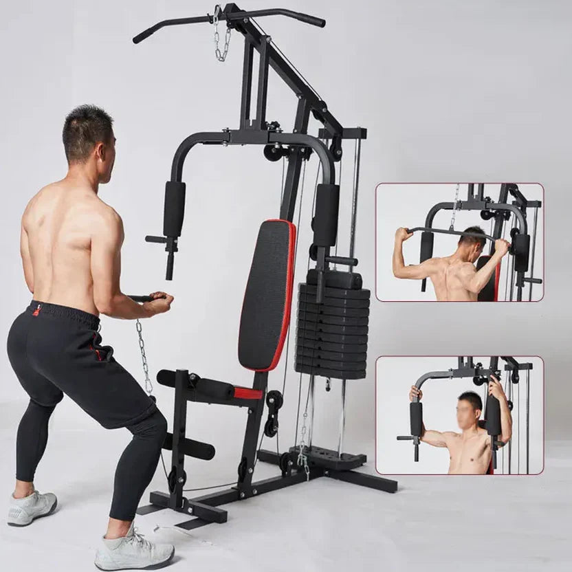 Machine multifonction essentielle - Acier robuste, Station d'entraînement compacte pour tout le corps avec pile de poids de 45 kg/66 kg - Tirage dorsal, développé couché, leg curl/extension pour installation à domicile