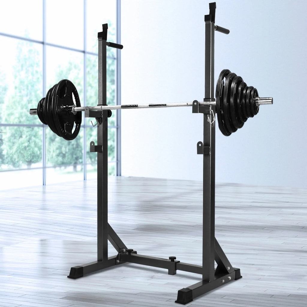 Rack de demi-squat réglable avec station de dips et barre de traction – Support d'entraînement en force en acier robuste pour salle de sport à domicile, bras de sécurité inclus