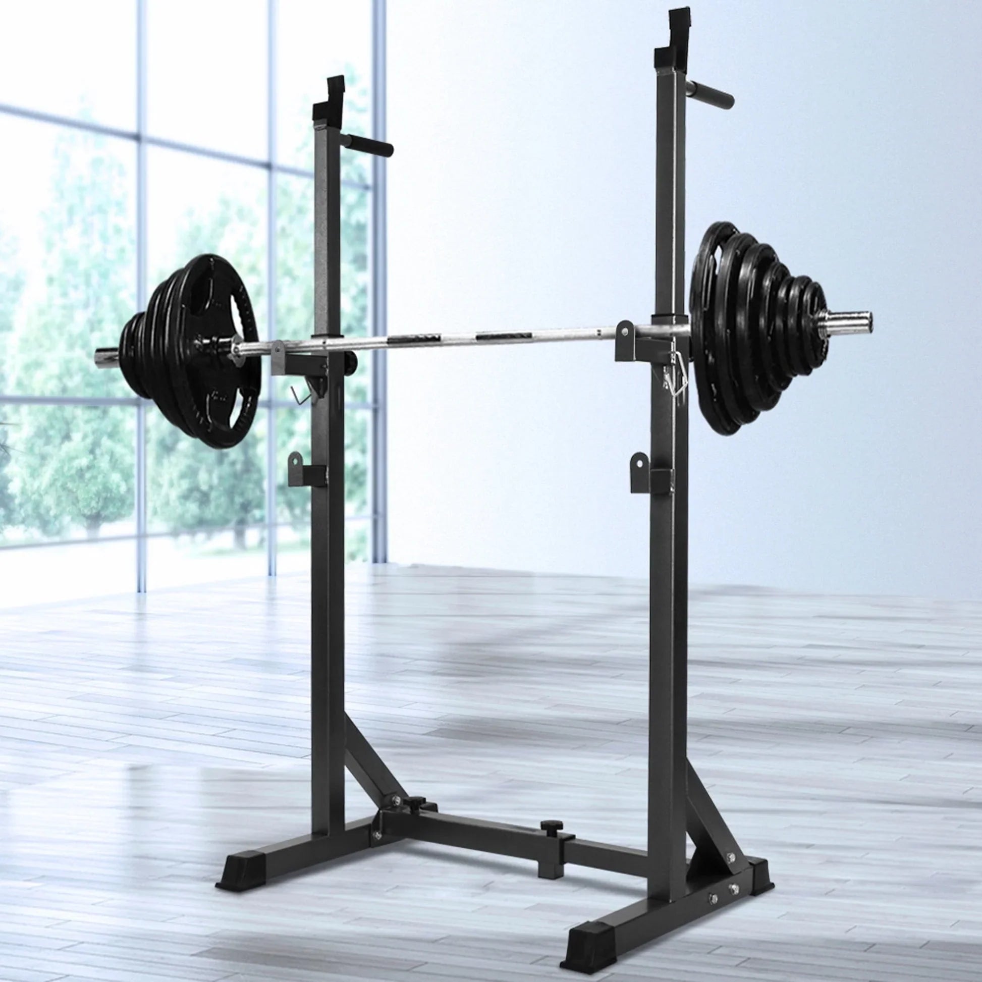 Rack de demi-squat réglable avec station de dips et barre de traction – Support d'entraînement en force en acier robuste pour salle de sport à domicile, bras de sécurité inclus