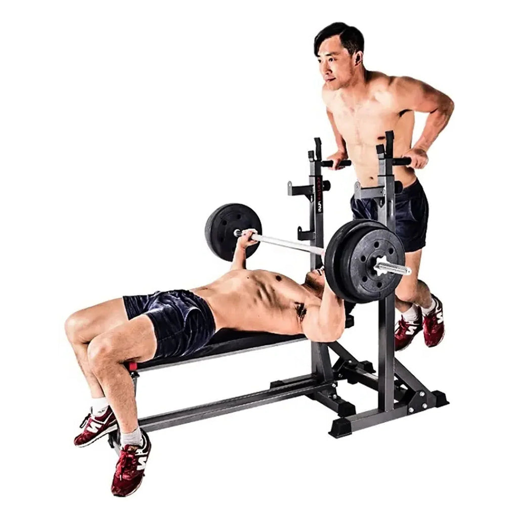 Rack de demi-squat réglable avec station de dips et barre de traction – Support d'entraînement en force en acier robuste pour salle de sport à domicile, bras de sécurité inclus