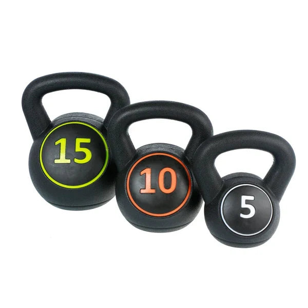 Développez votre puissance corporelle avec l'ensemble de 3 kettlebells – Poignée texturée, poids multiples, outils de musculation compacts pour l l'entraînement à domicile.