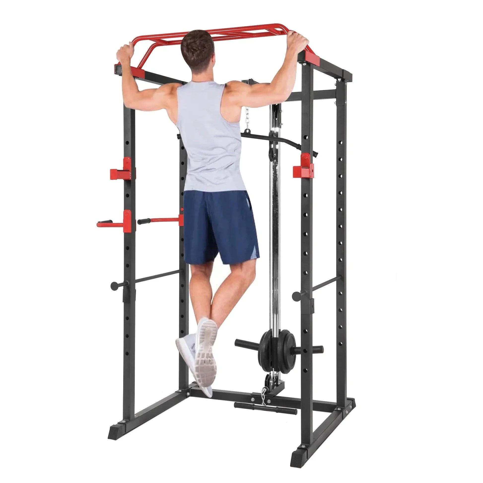 Rack de puissance ajustable Multi-Cage avec poulie à double câble et barre de traction – Station de musculation en acier robuste pour la remise en forme à domicile