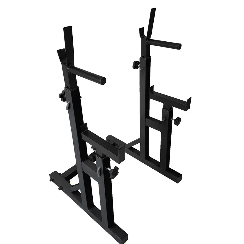 Support de squat et de développé couché réglable et robuste avec barres à dips – Cadre en acier renforcé, sécurités et supports d'haltères pour l'entraînement de force à domicile