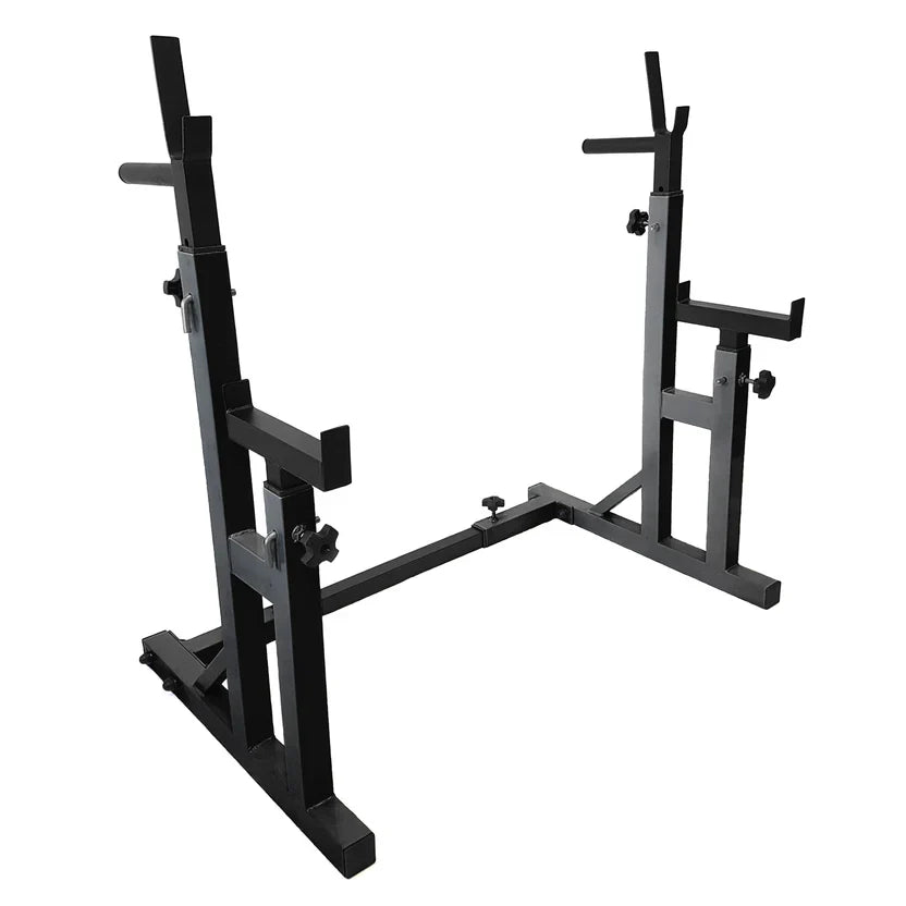Support de squat et de développé couché réglable et robuste avec barres à dips – Cadre en acier renforcé, sécurités et supports d'haltères pour l'entraînement de force à domicile