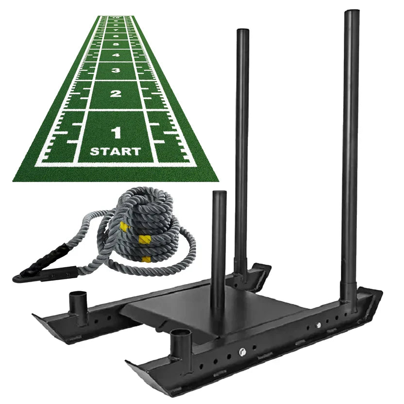 Traîneau en acier robuste et tapis de sprint de 10 m – Gazon en polyéthylène avec marquages numérotés – Entraînement de vitesse et de résistance – Idéal pour les gymnases à domicile et les studios personnels