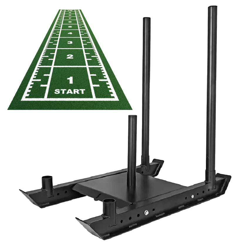 Traîneau en acier robuste et tapis de sprint de 10 m – Gazon en polyéthylène avec marquages numérotés – Entraînement de vitesse et de résistance – Idéal pour les gymnases à domicile et les studios personnels