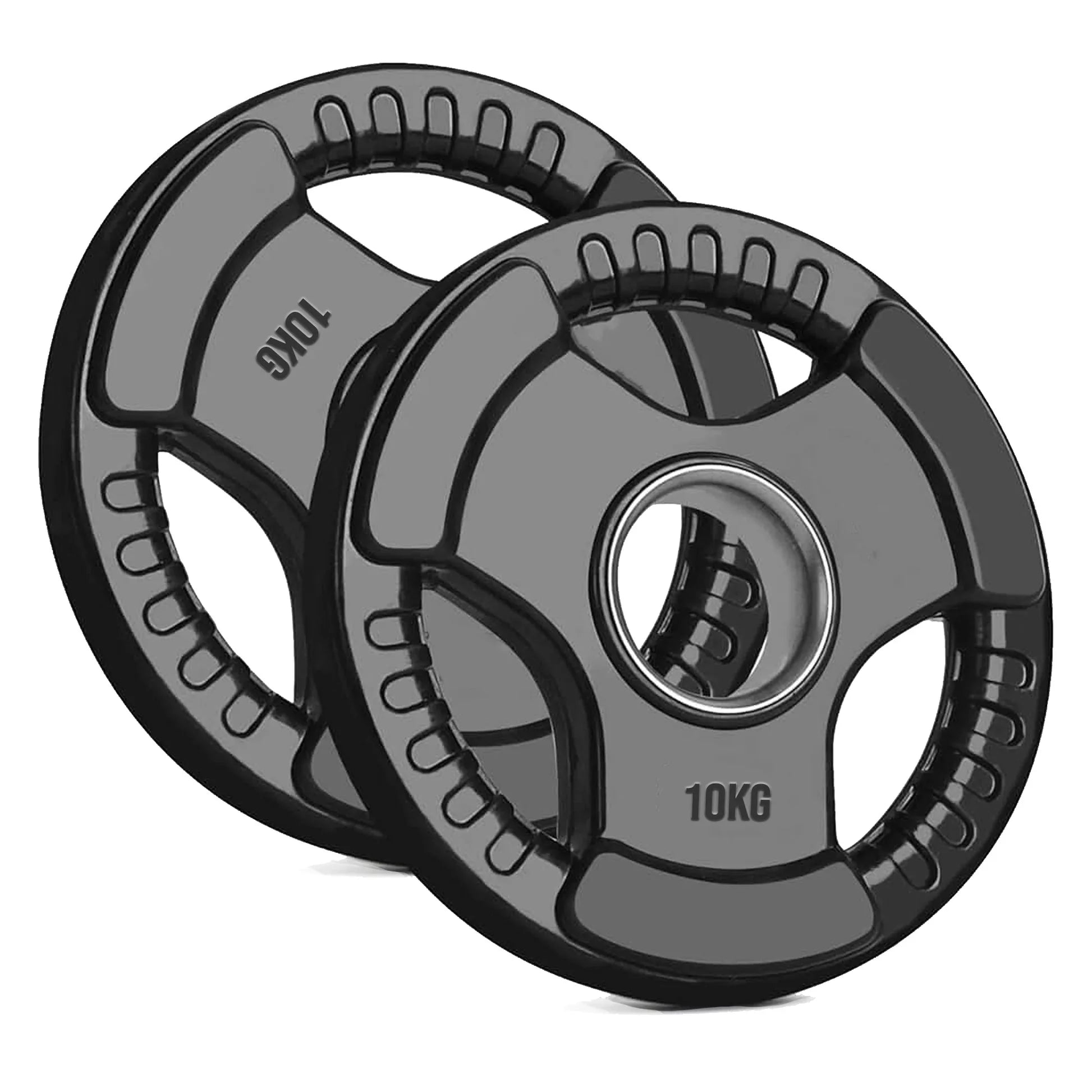 Plaque de poids olympique Tri-Grip – Fonte revêtue de caoutchouc noir, poignées Tri-Grip pour l'entraînement de musculation avec haltères et barres, salle de sport à domicile