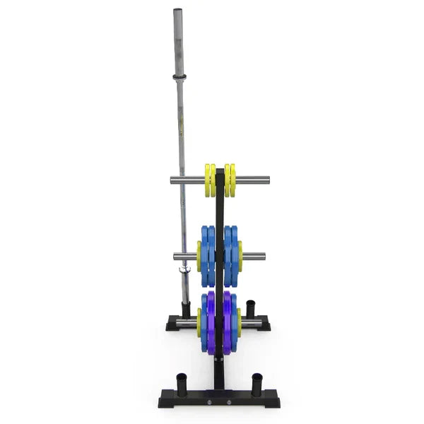 Support à Plaques de Poids Olympique à 3 Niveaux Robuste avec Porte-Barre – Acier Revêtu de Poudre Noire, Capacité de 200 kg, Organisateur de Gym à Domicile Peu Encombrant