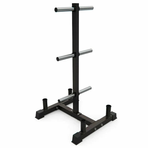 Support à Plaques de Poids Olympique à 3 Niveaux Robuste avec Porte-Barre – Acier Revêtu de Poudre Noire, Capacité de 200 kg, Organisateur de Gym à Domicile Peu Encombrant